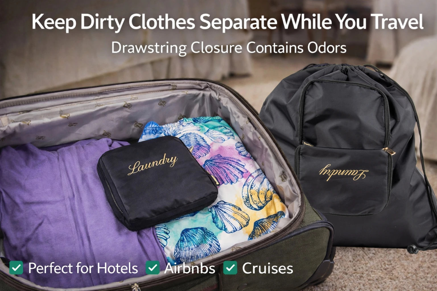 Travel laundry bag placed inside suitcase to separate dirty clothes from clean packing