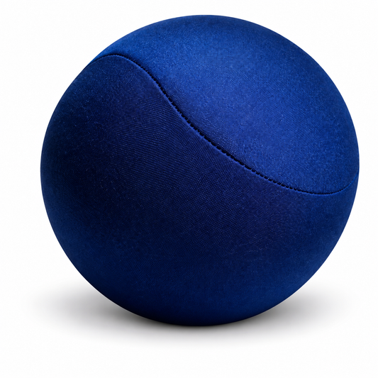 A blue fabric medicine ball with a curved seam, shown on a clean white background with a soft shadow.