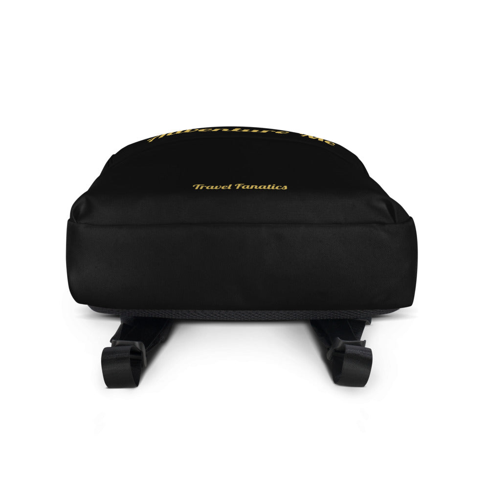 Black rolling suitcase with 'Travel Fanatics' branding on a white background