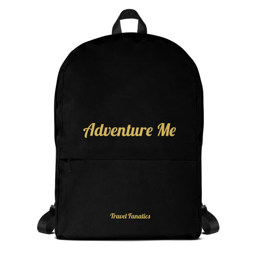 Black backpack with 'Adventure Me' and 'Travel Fanatics' text on a white background