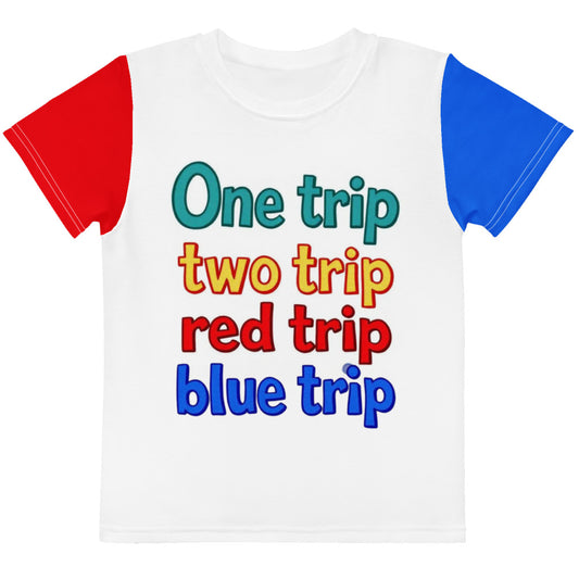 White t-shirt with colorful text 'One trip two trip red trip blue trip' on a white background

