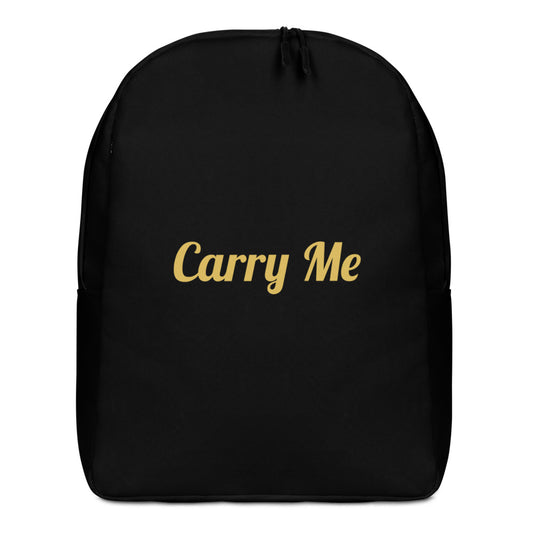 Black backpack with 'Carry Me' text in gold on a white background

