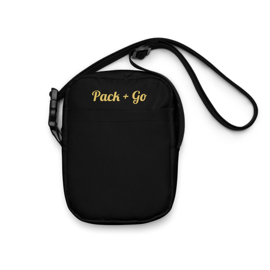 Black crossbody bag with 'Pack + Go' text on a white background

