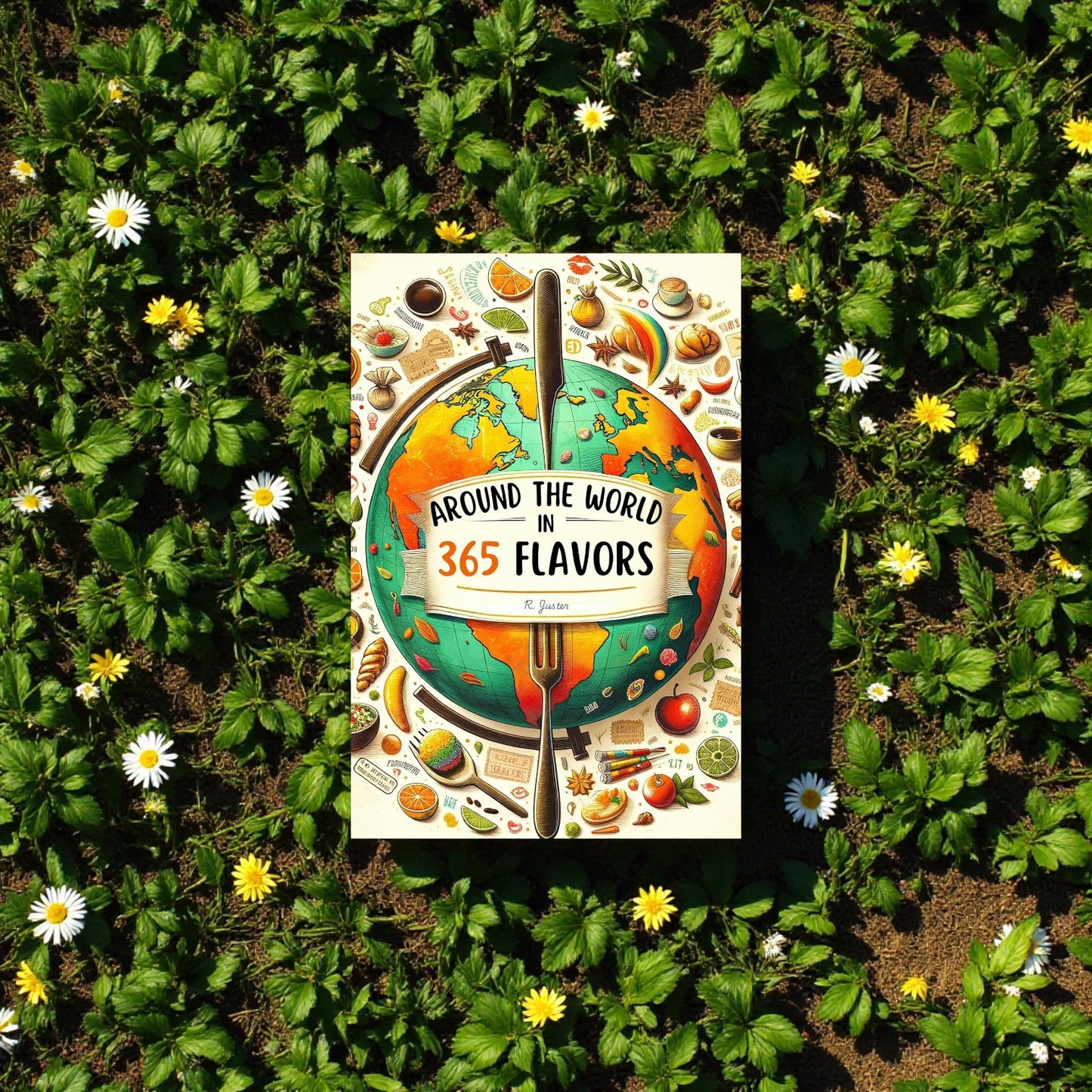Book titled 'Around the World in 365 Flavors' on a grassy background with flowers.

