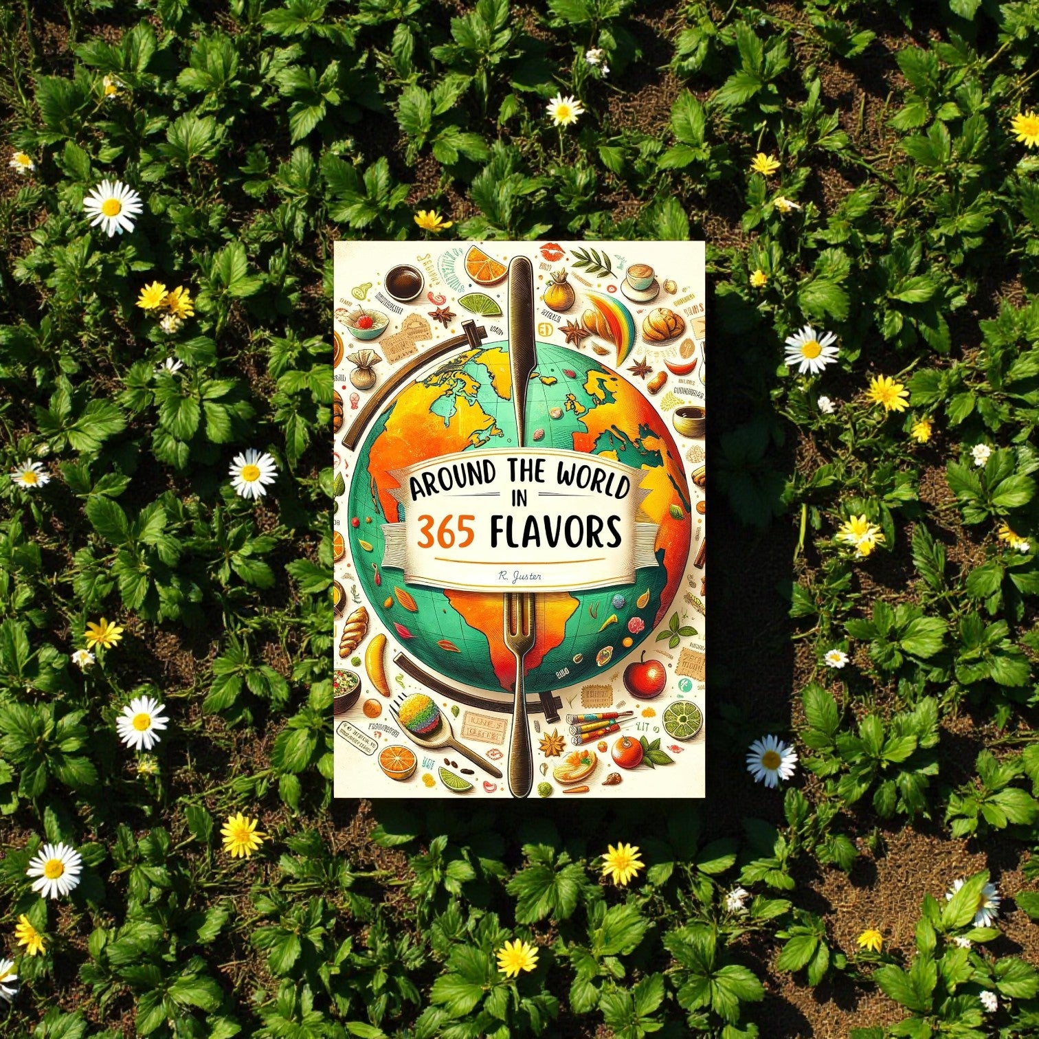 Book titled 'Around the World in 365 Flavors' on a grassy background with flowers.

