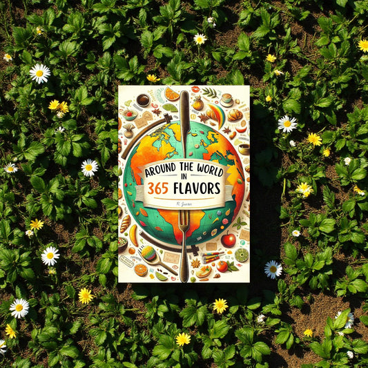 Book titled 'Around the World in 365 Flavors' on a grassy background with flowers.

