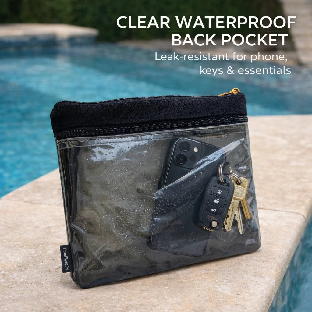 Travel Fanatics swim bag showing clear back pocket for quick access essentials
