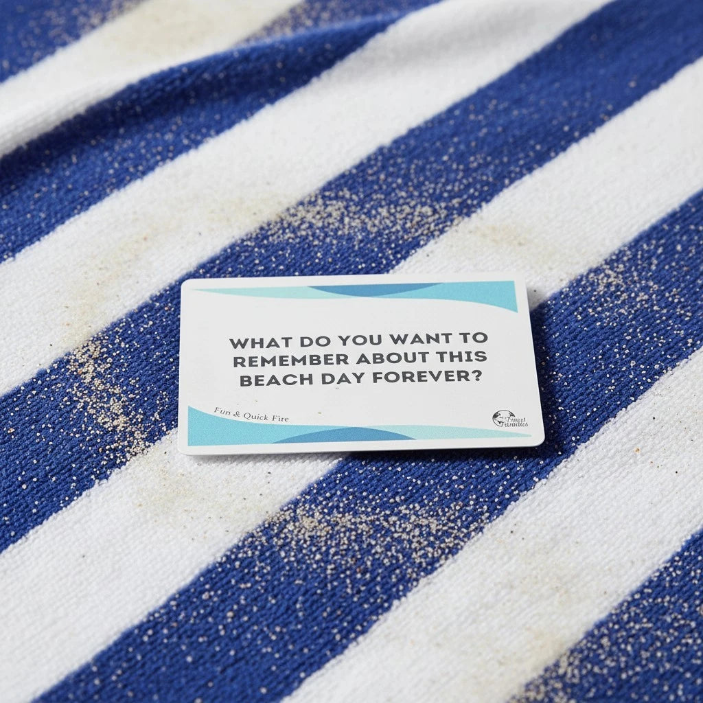 beach card game on beach towel with conversation starter question on it