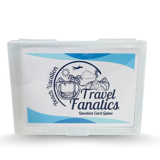 Beach Vacation Card Game box and cards displayed on sand with the sea in the background