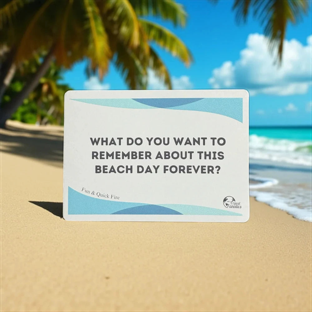 Card with beach-themed question on a sandy background with palm trees and ocean.

