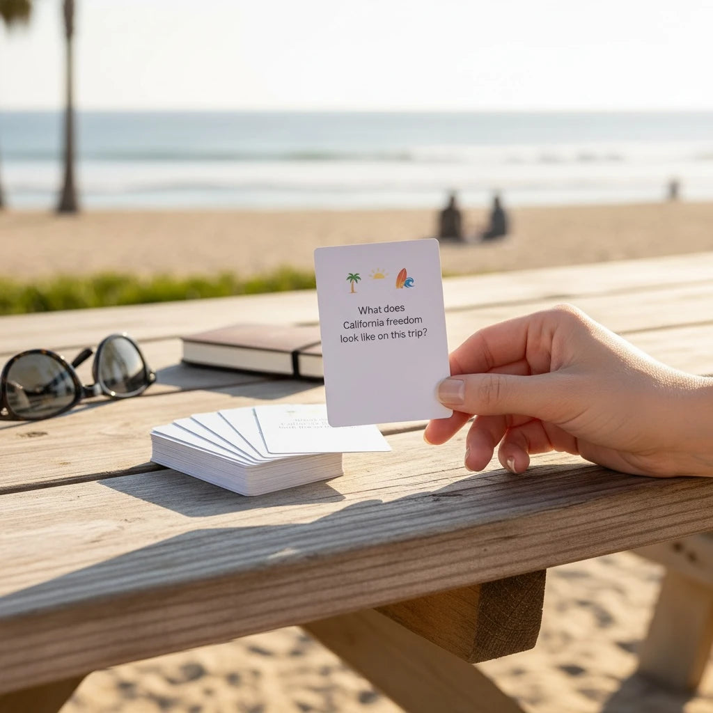 Travel card game for California trips shown as a compact poker-size deck