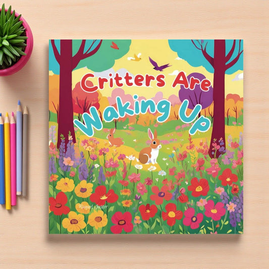 Children's book titled 'Critters Are Waking Up' on a wooden surface with colorful pencils and a plant.

