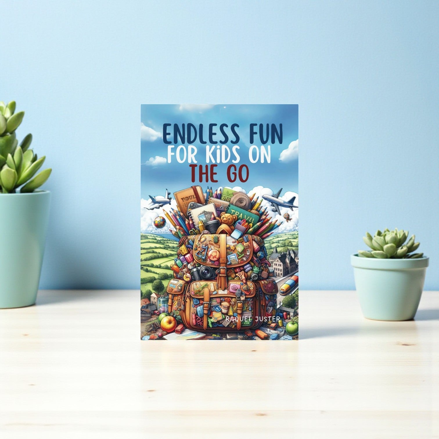 Book titled 'Endless Fun for Kids on the Go' with a colorful illustration of a backpack on a light blue background.

