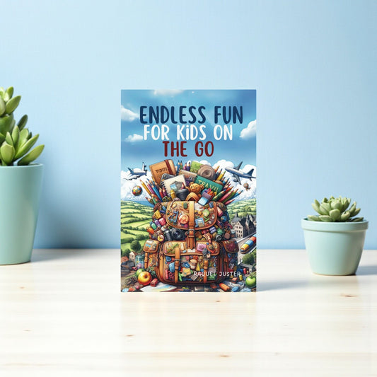 Book titled 'Endless Fun for Kids on the Go' with a colorful illustration of a backpack on a light blue background.

