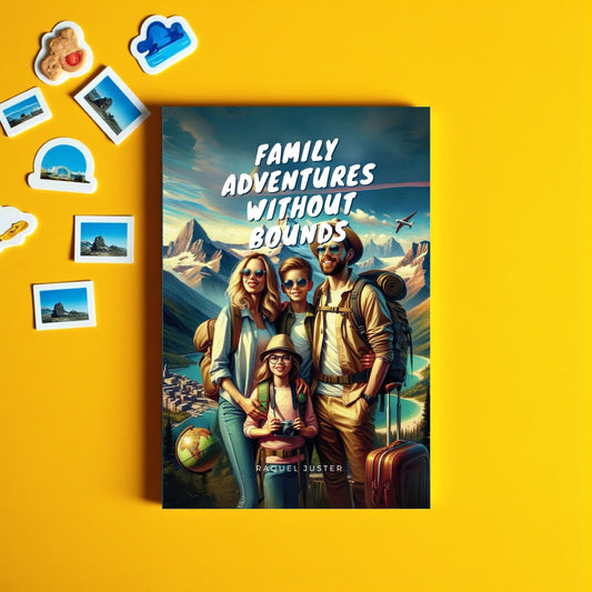 Book cover titled 'Family Adventures Without Bounds' on a yellow background with travel-themed illustrations.

