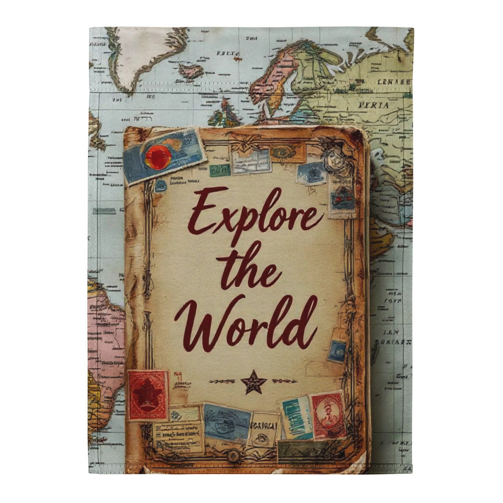 Decorative book with 'Explore the World' text on a world map background

