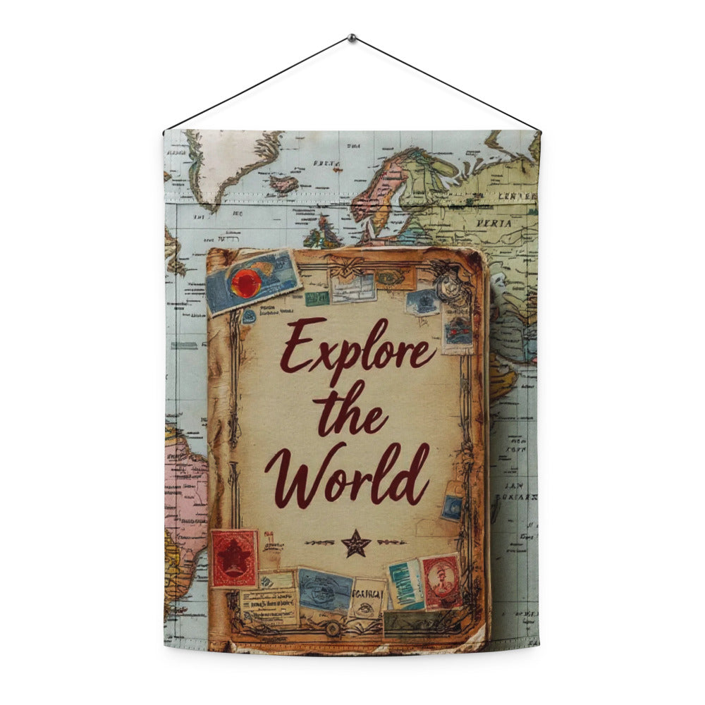 Decorative wall hanging with 'Explore the World' text on a map background

