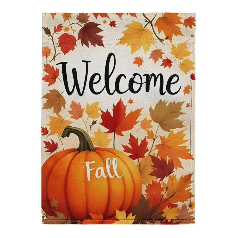 Decorative sign with autumn leaves and pumpkin design, featuring the text 'Welcome Fall'.

