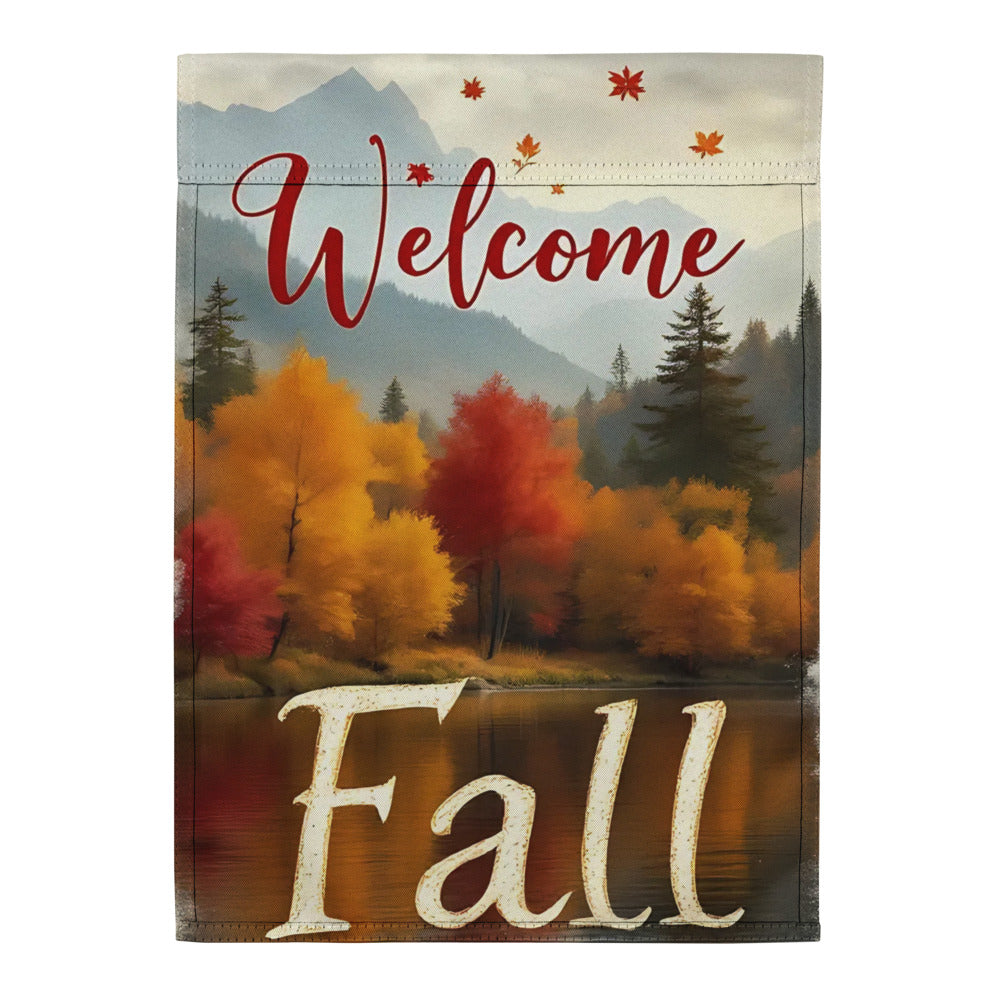 Decorative flag with 'Welcome Fall' text and autumn scenery

