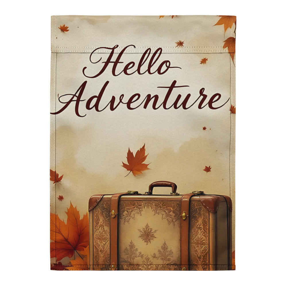 Decorative sign with 'Hello Adventure' text, vintage suitcase, and autumn leaves on a beige background.

