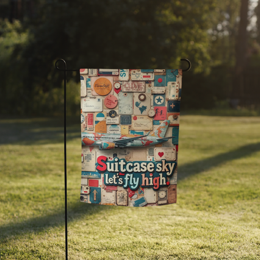 A vibrant garden flag featuring a collage of vintage luggage tags, passport stamps, and travel brochures, with a bold airplane silhouette filled with map textures and scrapbook-style lettering in red and teal that reads, 'Suitcase Sky, Let’s Fly High.'
