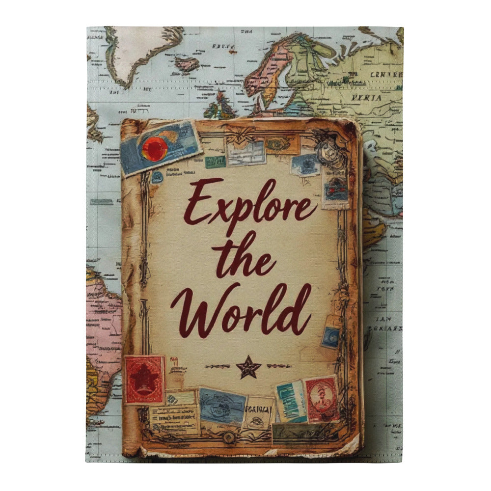 Notebook with 'Explore the World' text on a world map background

