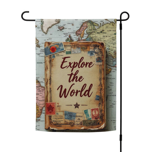 Decorative flag with 'Explore the World' text on a map background

