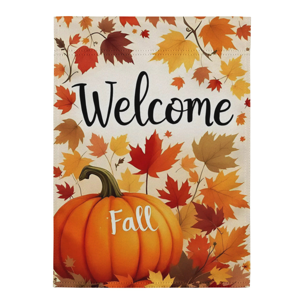 Decorative sign with autumn leaves and pumpkin design, featuring the words 'Welcome' and 'Fall'.

