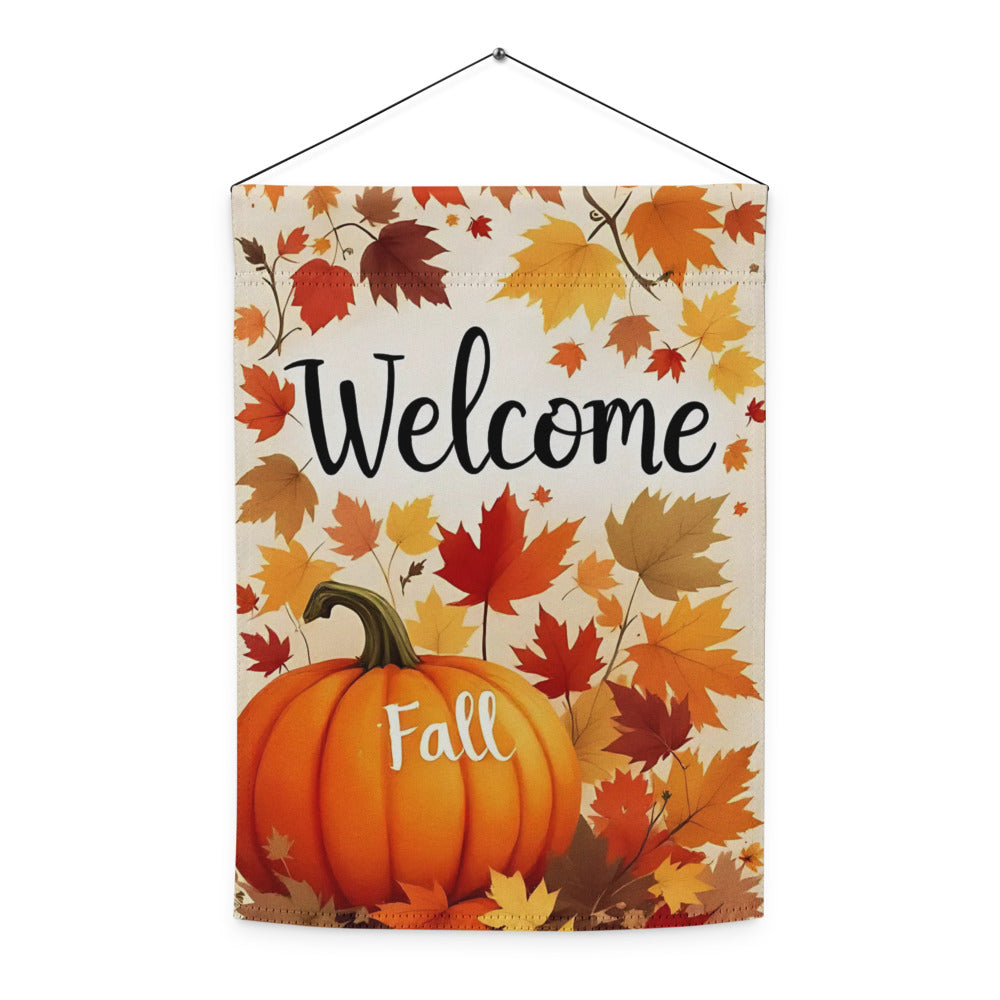 Decorative sign with autumn leaves and pumpkin design, featuring the word 'Welcome' and 'Fall'.

