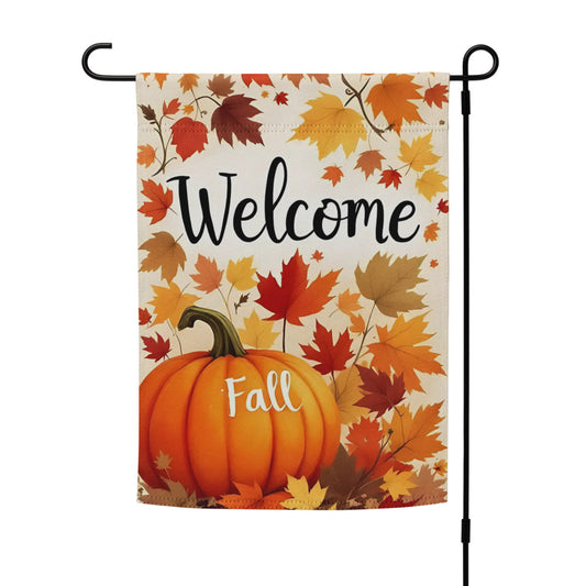 Decorative garden flag with pumpkin and autumn leaves design, featuring the word 'Welcome'.

