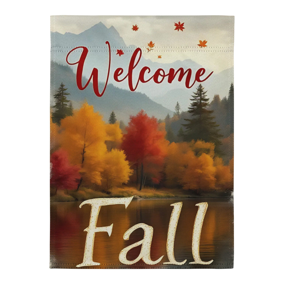 Decorative sign with 'Welcome Fall' text over an autumn landscape with trees and mountains.

