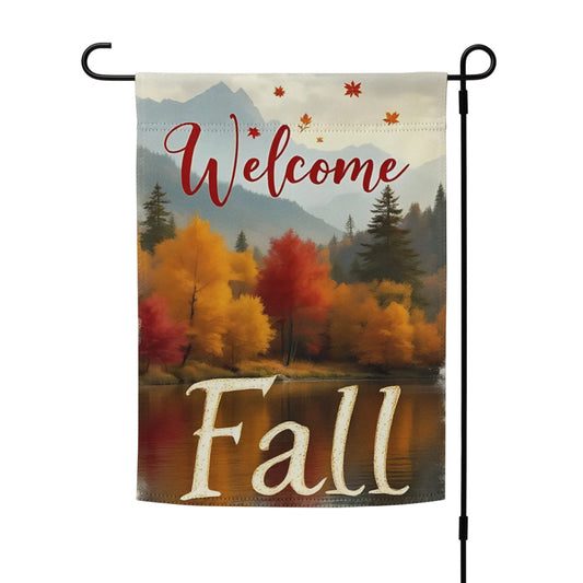 Decorative garden flag with 'Welcome Fall' text and autumn scenery on a white background.

