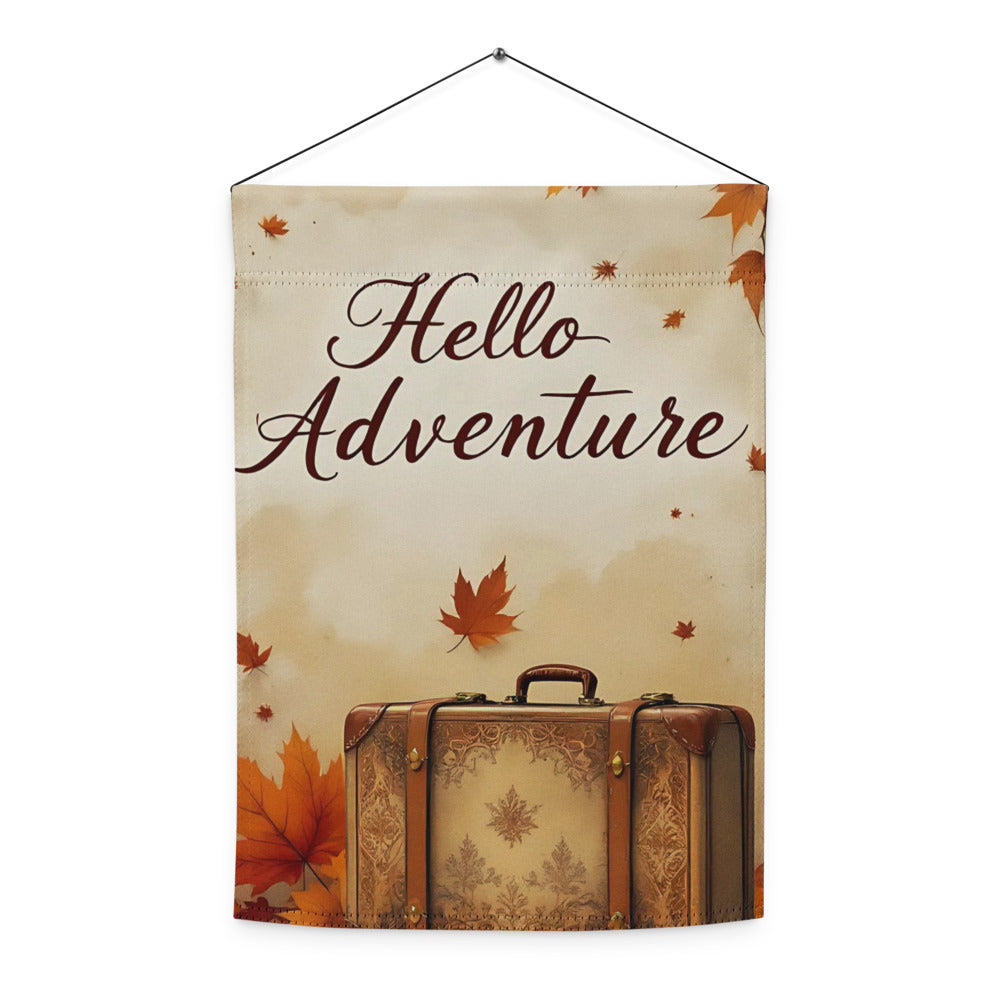Decorative sign with 'Hello Adventure' text and vintage suitcase design on a beige background with autumn leaves.


