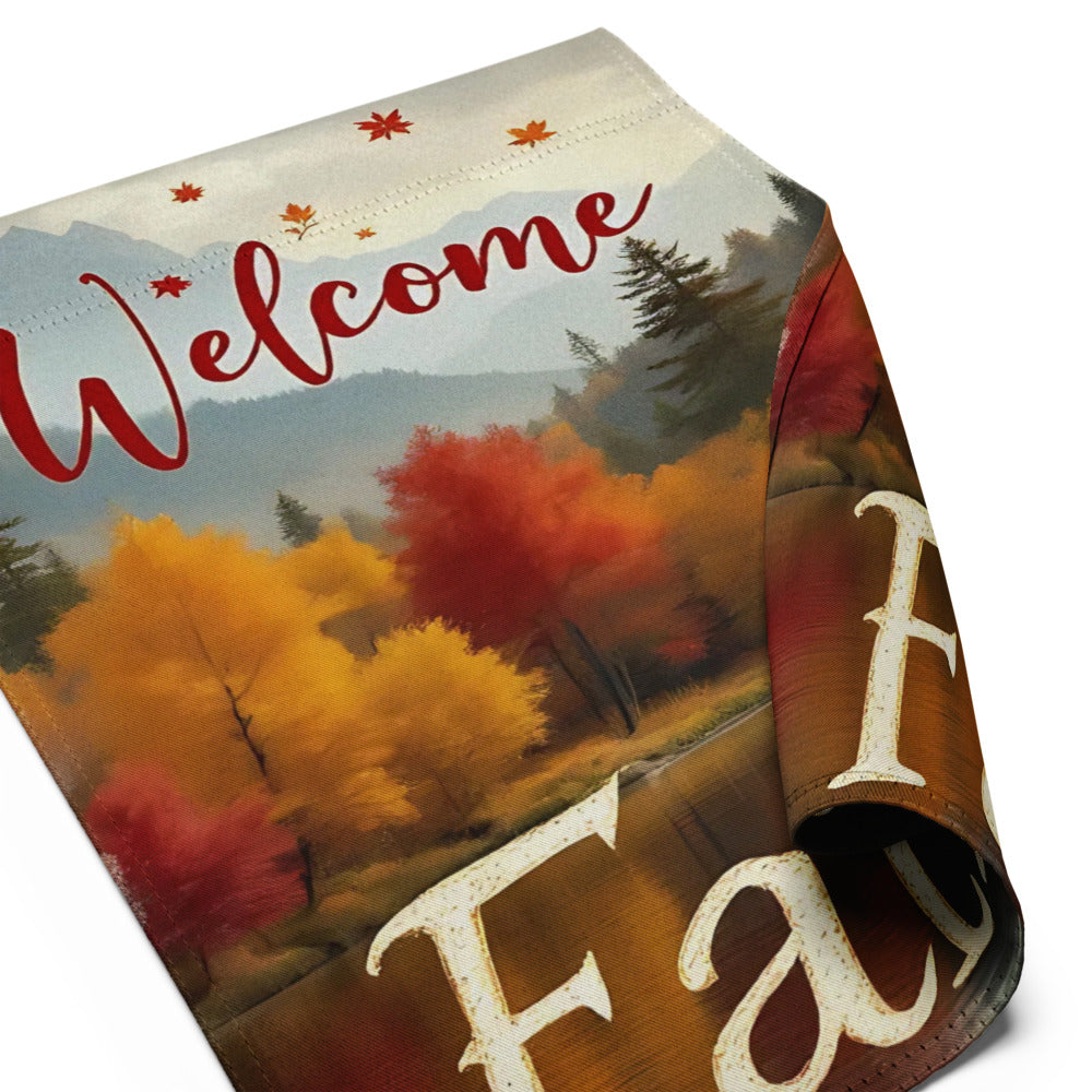 Decorative table runner with autumn scenery and 'Welcome Fall' text.

