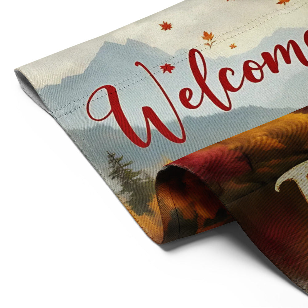 Roll of decorative paper with 'Welcome' text and autumn scenery

