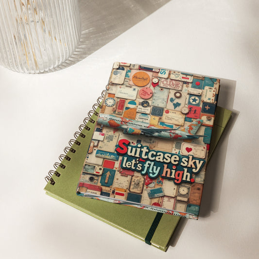 A matte hardcover journal featuring a bold travel-inspired design with a collage of vintage luggage tags, passport stamps, and torn travel brochures, highlighted by a map-textured airplane silhouette and colorful text that reads, 'Suitcase Sky, Let’s Fly High.'