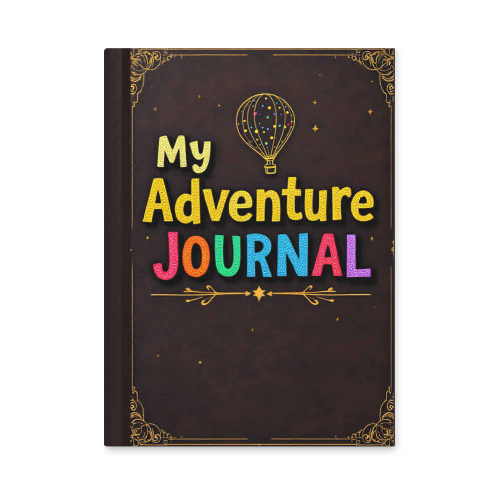 Journal with 'My Adventure Journal' text and hot air balloon illustration on a dark background


