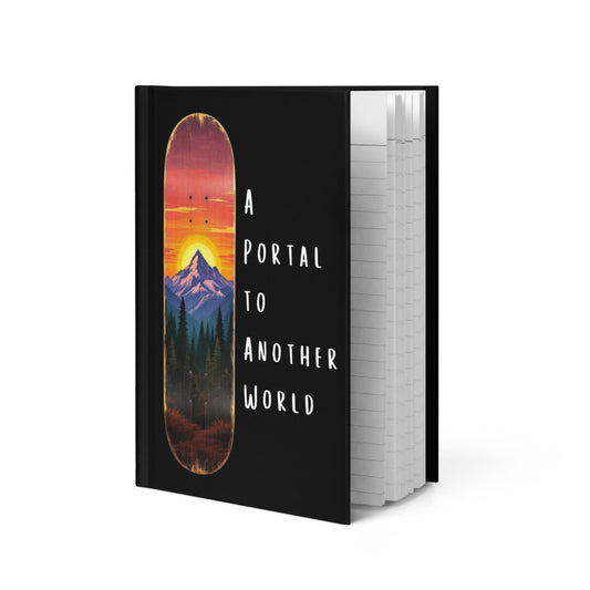 Book with a mountain landscape design and text 'A Portal to Another World' on a black background

