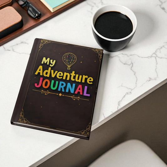Journal with 'My Adventure Journal' text on a marble surface with a cup of coffee.

