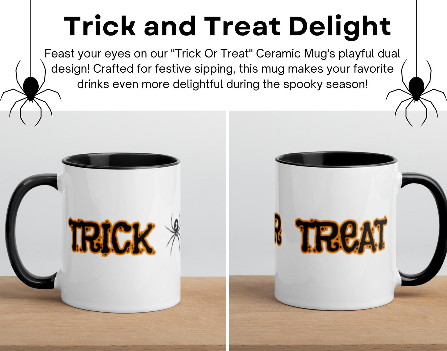 Halloween Coffee Mug - "Trick Or Treat" Ceramic Mug with Spider Design - Perfect for Festive Sipping - Dishwasher & Microwave Safe - 11 oz