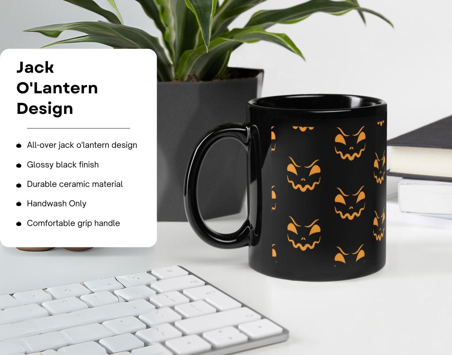 Jack O Lantern Black Glossy Mug - Stylish Ceramic Cup for Halloween Decor, 11oz, 15oz, Perfect for Coffee & Tea Lovers