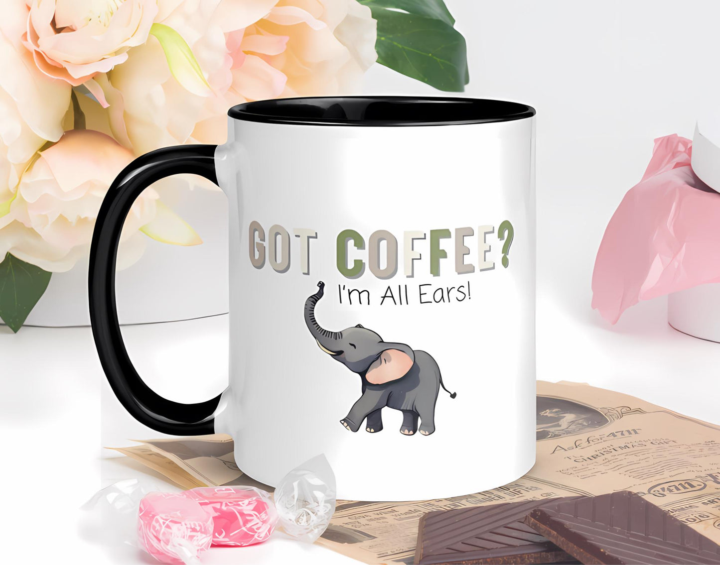 Elephant Coffee Mug | Got Coffee? Im All Ears! | Design with Pink/Black Handles | 11 Ounces