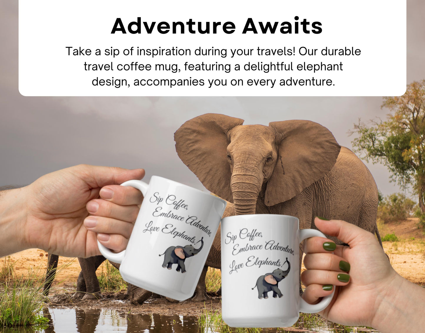 Elephant coffee mugs | Travel coffee mugs | Cute elephant design | Adventure coffee cup | Gifts for elephant lovers | Unique coffee mugs