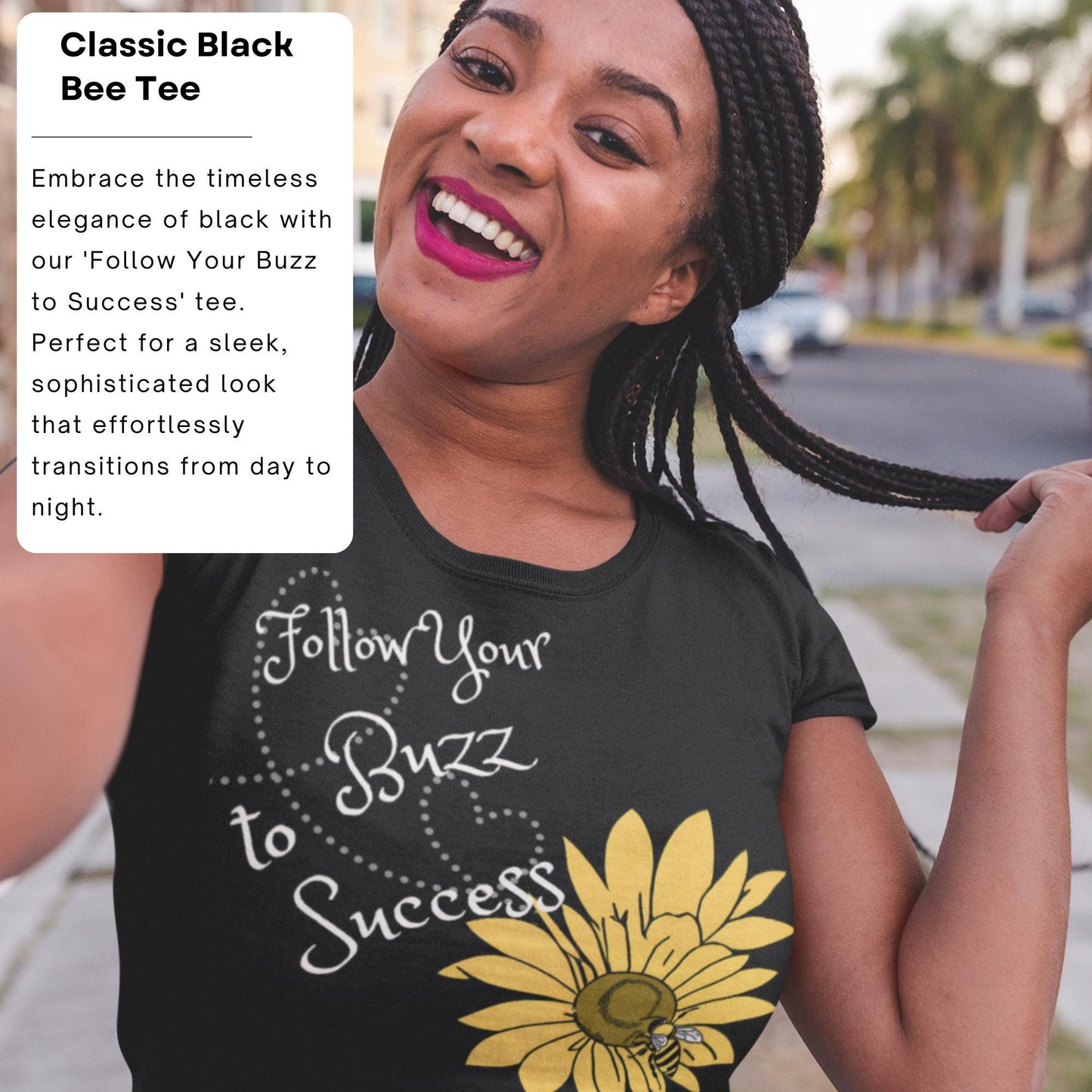 Stylish Black 'Follow Your Buzz to Success' Women's T-Shirt | Motivational Bee Design Tee | Comfy Bella + Canvas Fashion Top for Bee Lovers