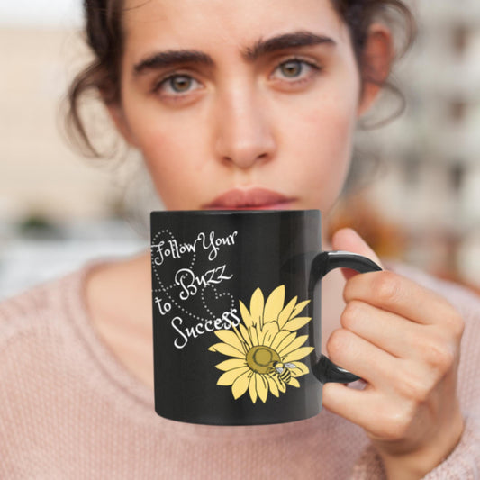 Black "Follow Your Buzz to Success" Motivational Mug | Charming Bumble Bee Design | Durable Ceramic Coffee & Tea Cup for Bee Lovers