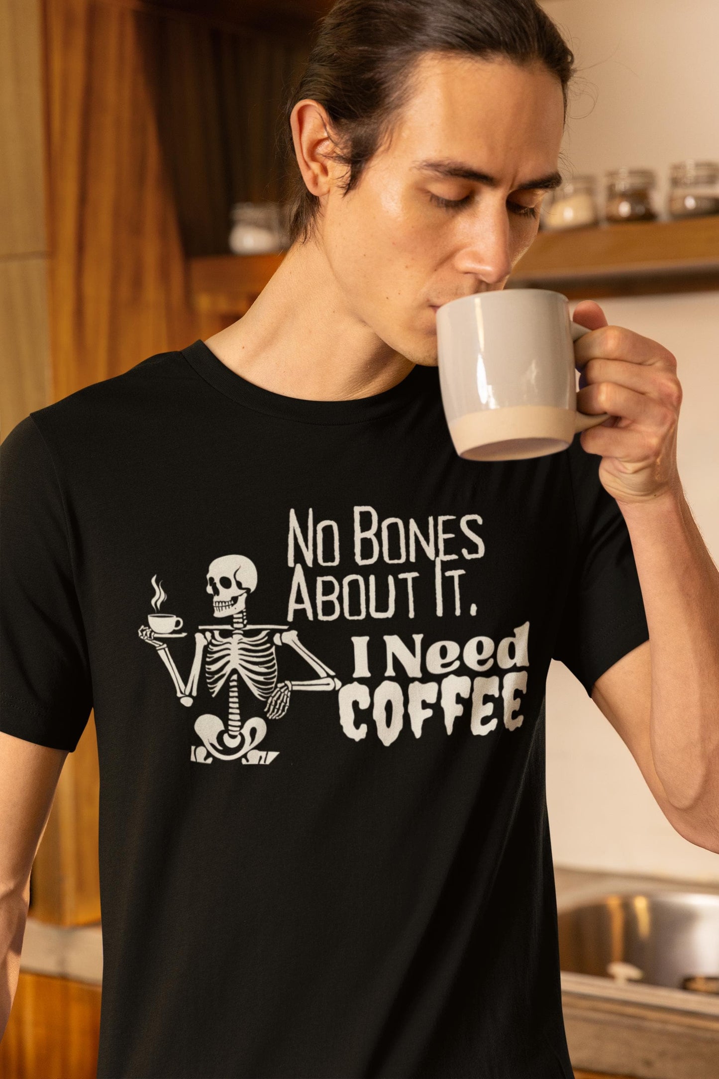 Skeleton Coffee Lover Shirt - Goth Aesthetic T-Shirt for Casual Wear - Halloween Gothic Tee - Skeleton Drinking Coffee Graphic Unisex Tee