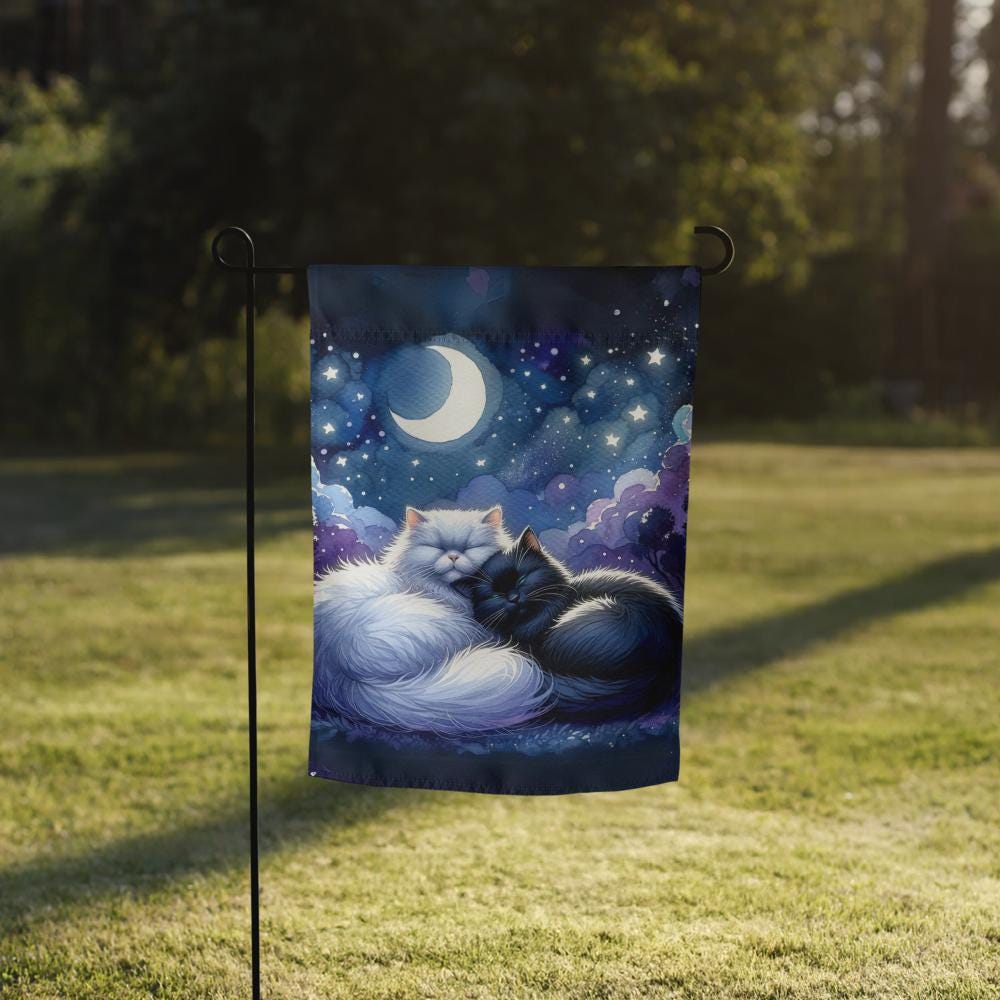 Custom Garden Flag  Personalized Outdoor Decor | 100% Polyester | Napping Cats Under a Starry Sky Design