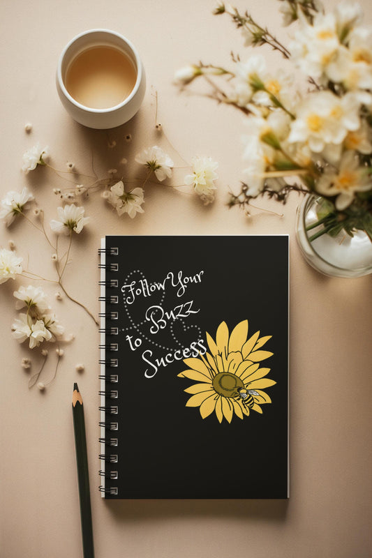 Follow Your Buzz to Success Spiral Notebook | Bee Sunflower Design | Customizable Stationery | 140 Dotted Pages | Ideal for Journaling Notes