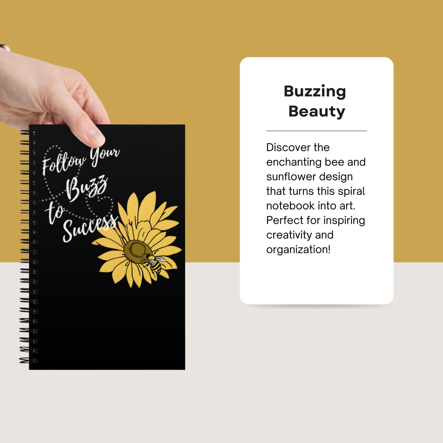 Follow Your Buzz to Success Spiral Notebook | Bee Sunflower Design | Customizable Stationery | 140 Dotted Pages | Ideal for Journaling Notes