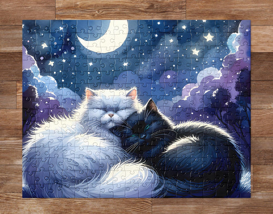 Napping Cats Under a Starry Sky: Captivating Jigsaw Puzzle for Cat Lovers